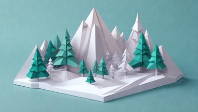 The primary subject of the image is a 3D model of a snowy mountain landscape. The setting is a white background, which provides a clean and minimalistic appearance. The visual style is a combination of digital art and illustration, creating a realistic and detailed representation of the mountain scene. The colors and mood of the image are predominantly white and cold, reflecting the snowy and icy atmosphere of the mountain.